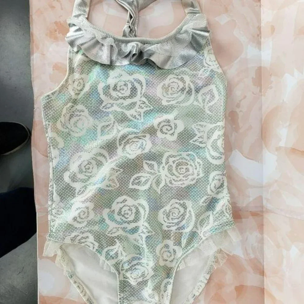 Flapdoodles Girl’s Size‎ 5 Floral metallic silver one piece Swimsuit